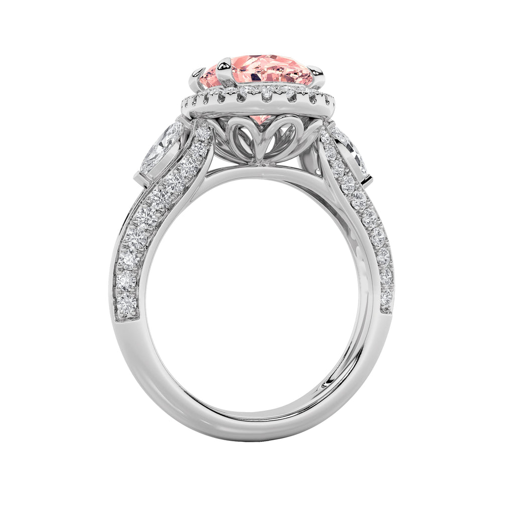 3Cttw Oval Shaped Lab Grown Diamond (F/VS) Three Stone Halo Enagement Ring in 14K Gold