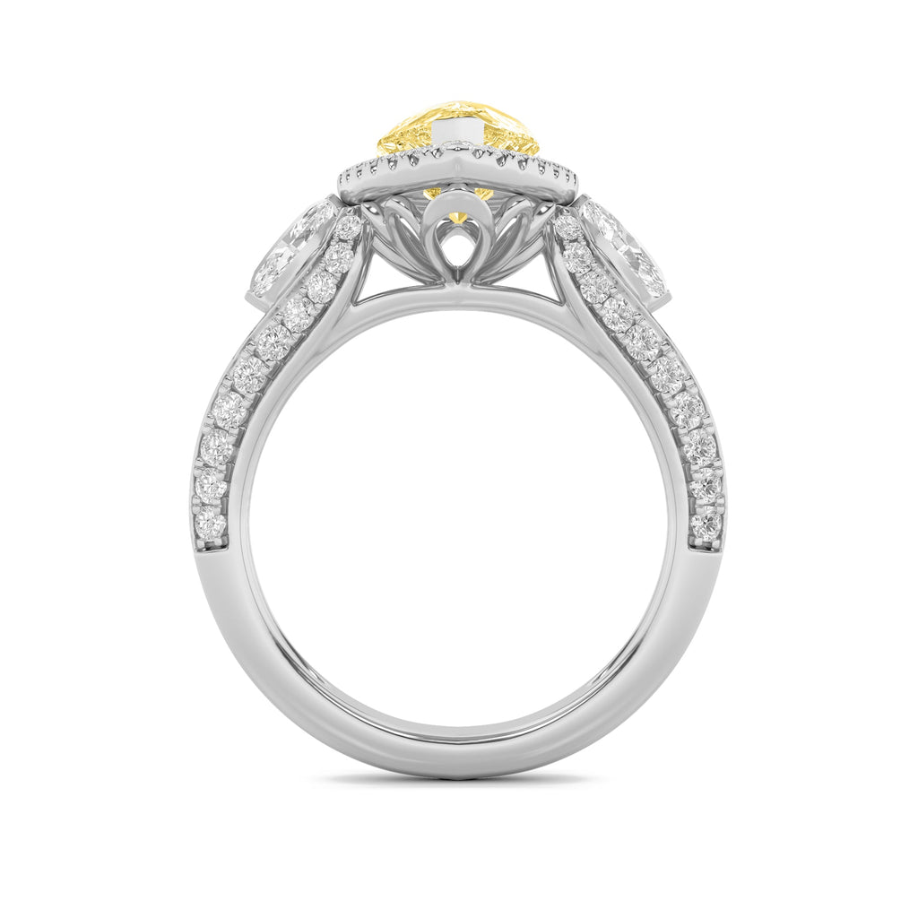 3Cttw Pear Shaped Lab Grown Diamond (F/VS) Three Stone Halo Enagement Ring in 14K Gold