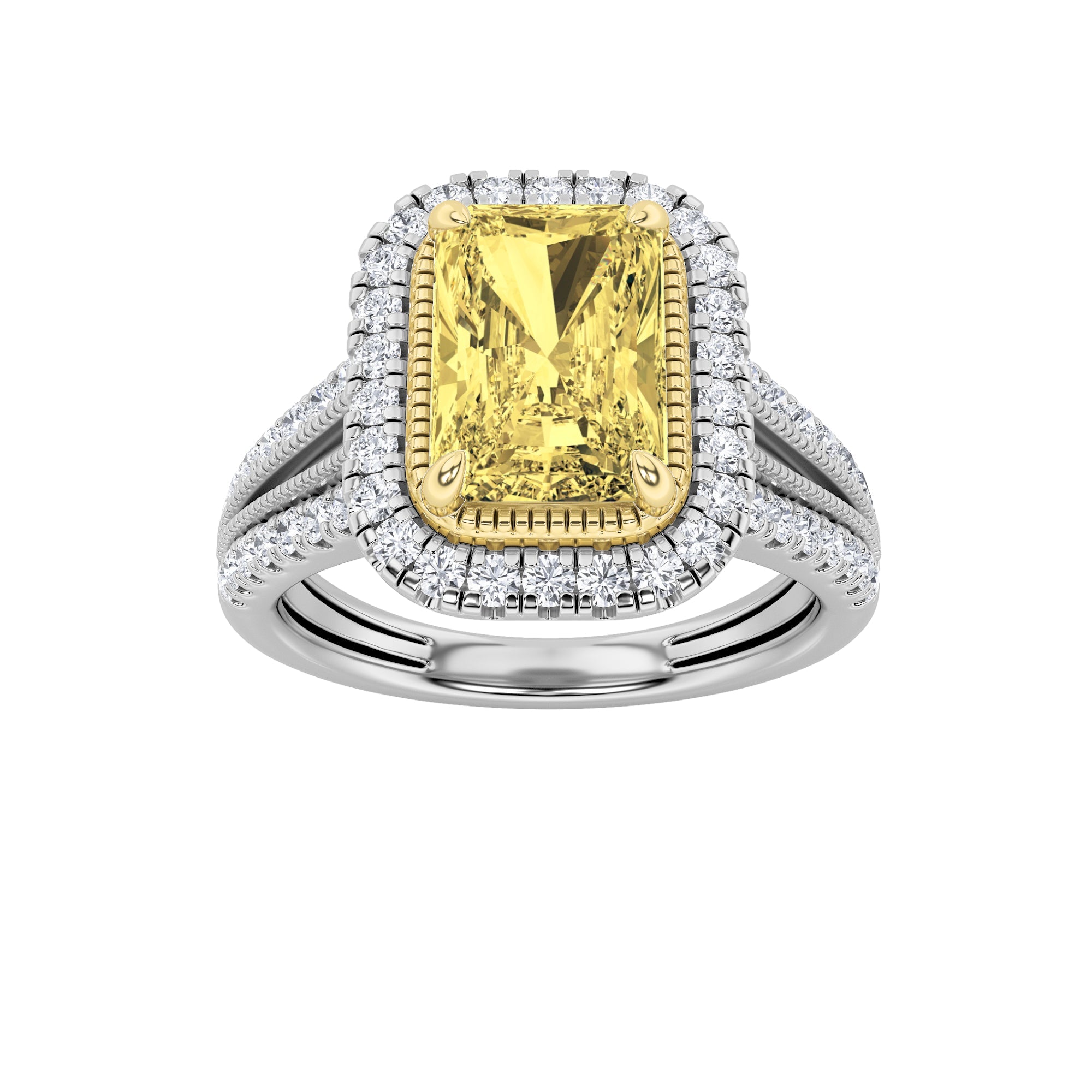 2.5Cttw Radiant Shaped Fancy Yellow Lab Grown Diamond (F/VS) Split Shank Halo Engagement Ring in 14KGold