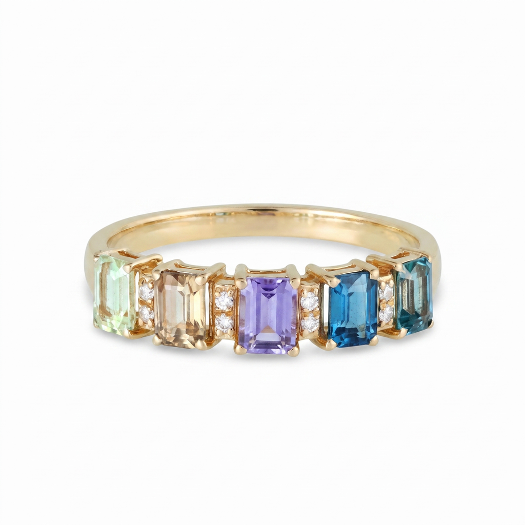 IGI Certified 1.27 Ct Multi Color Unheated Sapphire Prong 14K Yellow Gold Half Eternity Engagement Ring