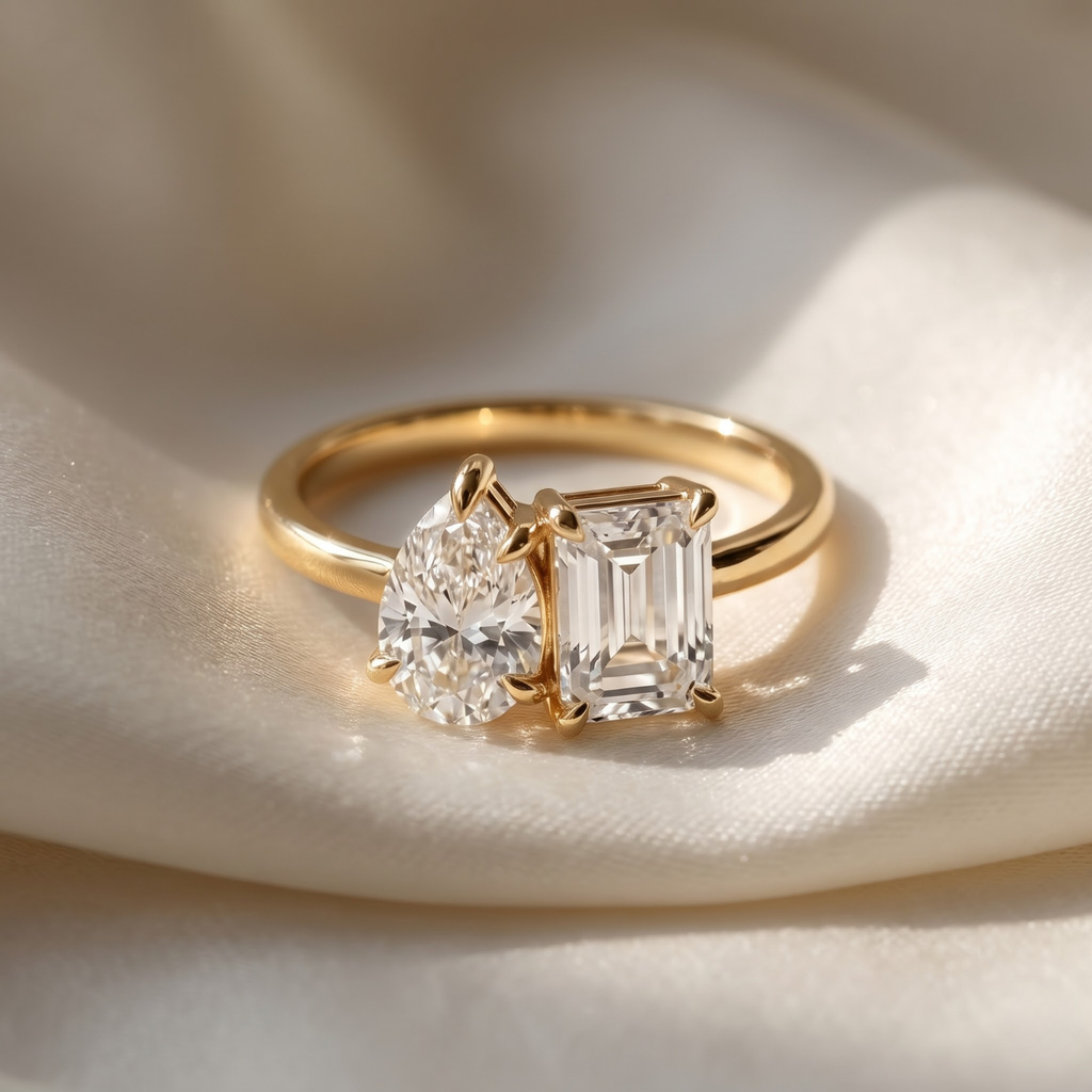 2.450 Cttw Octagon Morganite , Sapphire, Emerald and Lab Diamond 14K Yellow Gold Toi Et Moi Ring