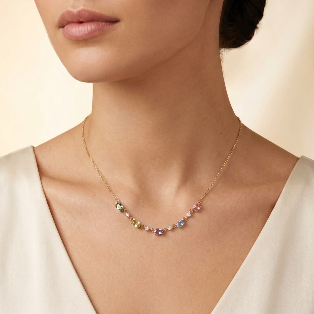 IGI Certified 1.80 Ct Multi Color Unheated Sapphire and Diamond 14K Yellow Gold Curved Necklace