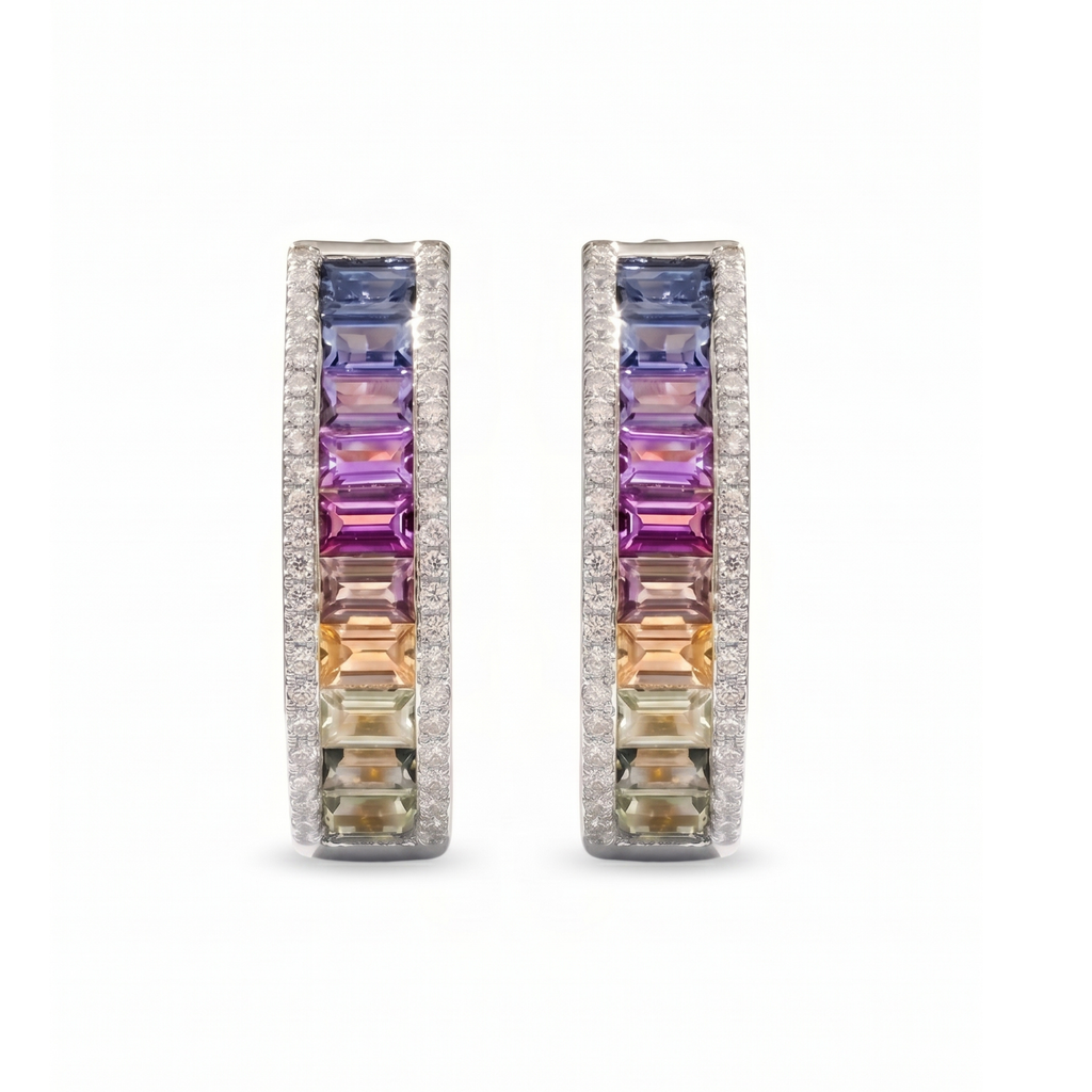 IGI Certified 2.13 Ct Multi Color Unheated Sapphire Diamond channel-set 14K White Gold J Hoop Earrings