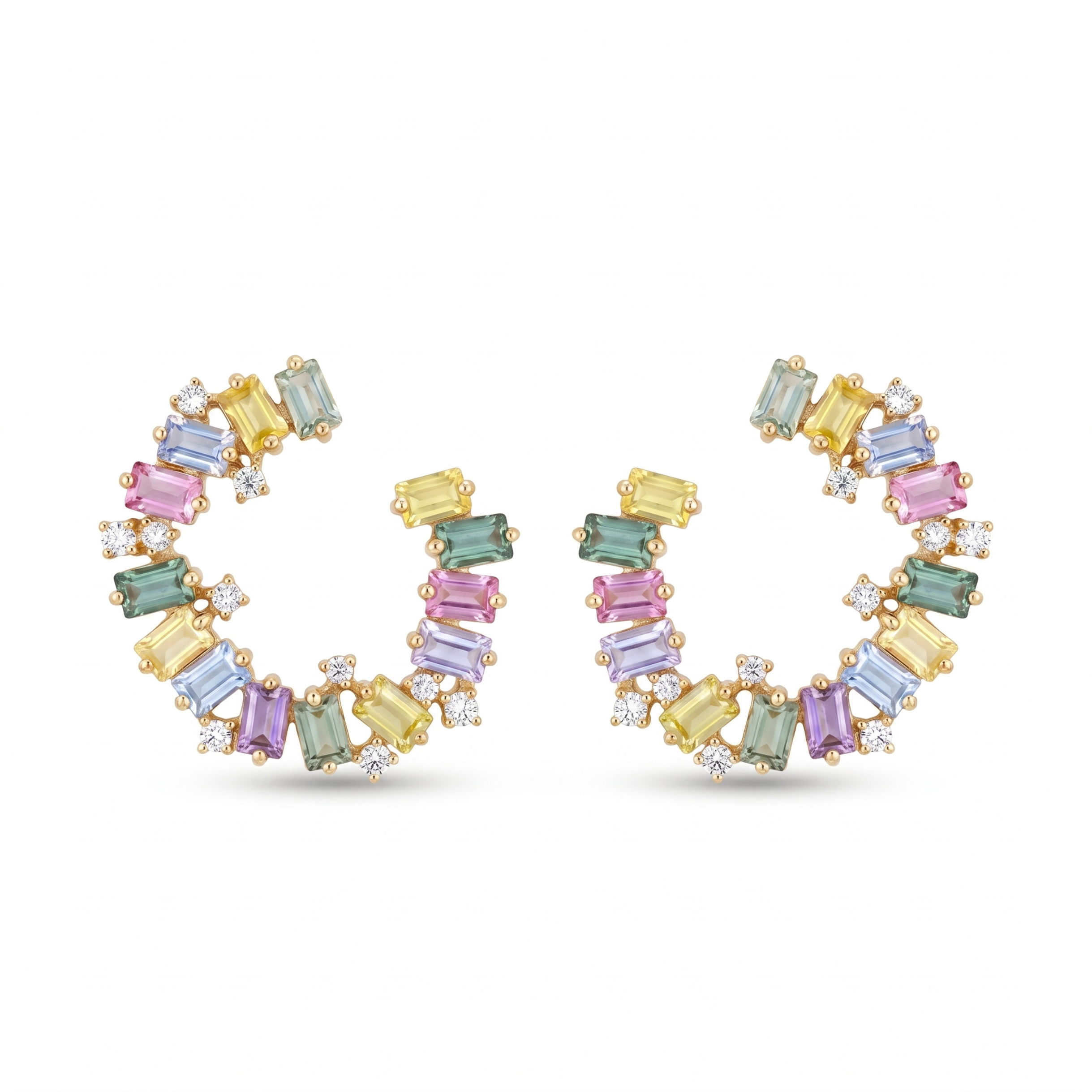 IGI Certified 3.34 Ct Multi Color Unheated Sapphire and Diamond 14K Yellow Gold Half Curved Hoop Earrings
