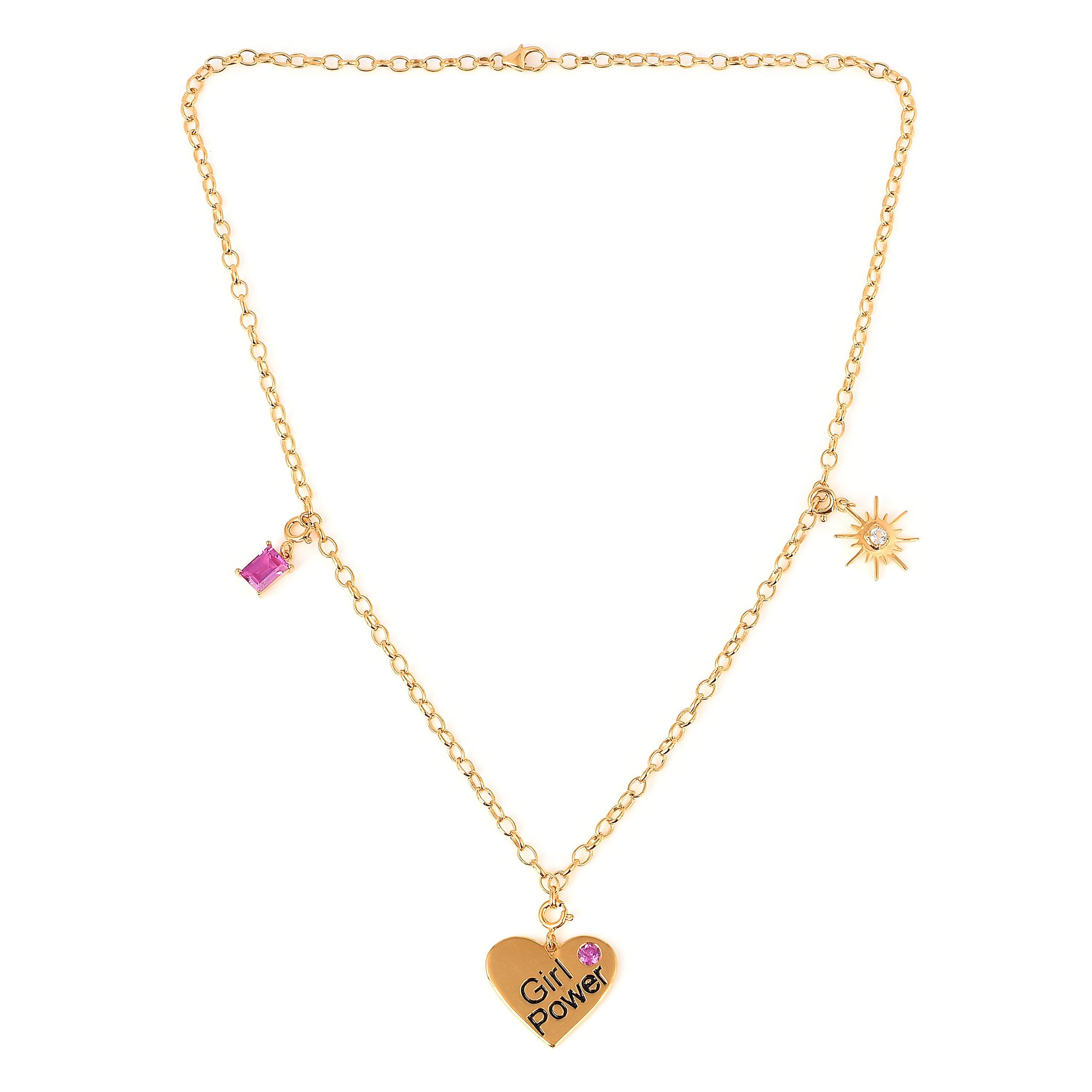 18K Yellow Gold Over 925 Silver Multi Charm Heart Necklace For Women