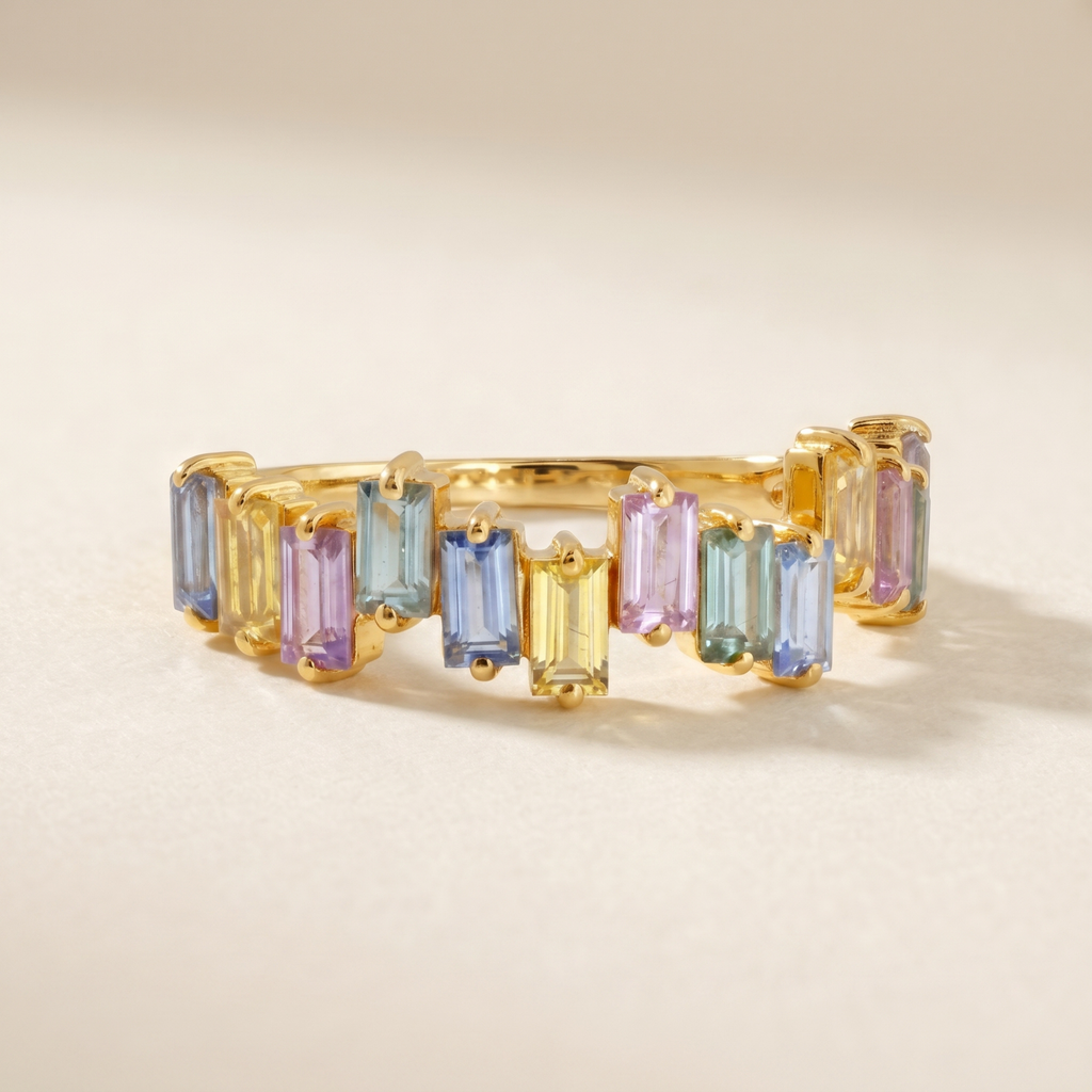 IGI Certified 1.02 Ct Baguette Multi Color Unheated Sapphire Prong 14K Yellow Gold Asymmetrical Engagement Ring