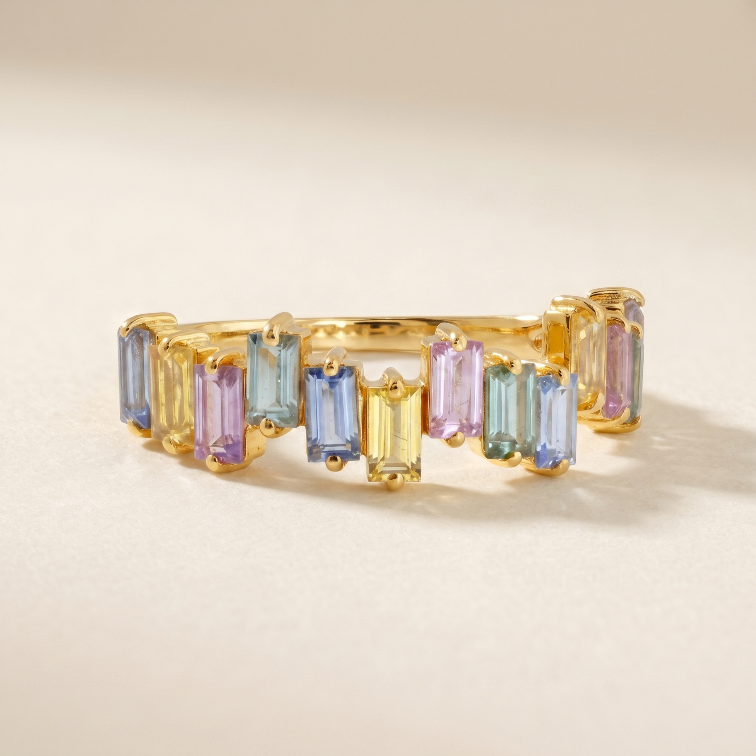 IGI Certified 1.02 Ct Baguette Multi Color Unheated Sapphire Prong 14K Yellow Gold Asymmetrical Engagement Ring