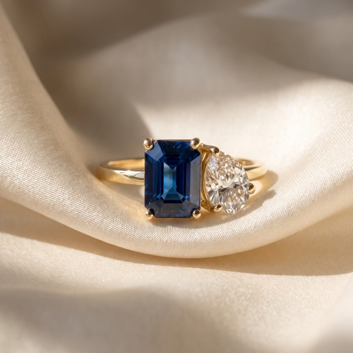 2.60 Cttw Octagon Emerald, Ruby, Sapphire and Lab Diamond 14K Yellow Gold Toi et Moi Ring