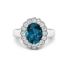 Load image into Gallery viewer, Genuine London Blue Topaz and White Diamond Halo Ring