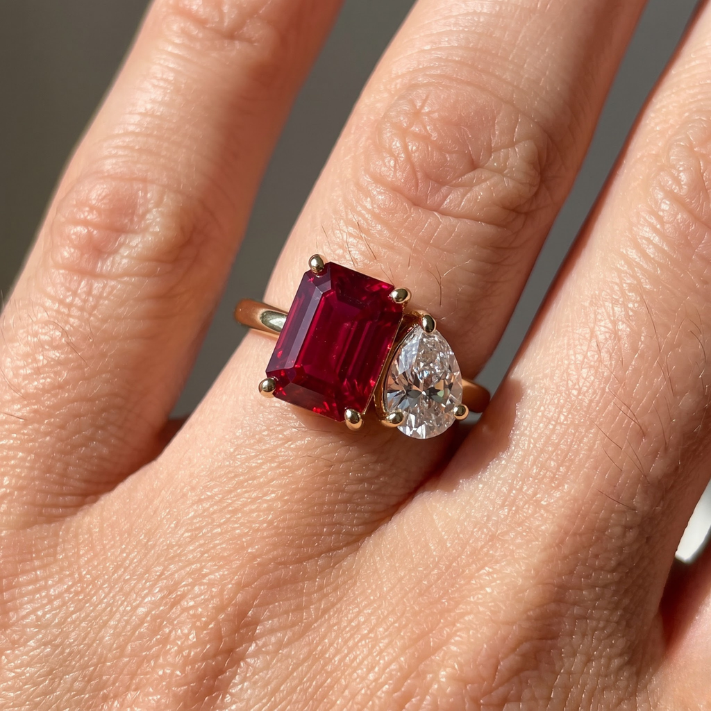 2.60 Cttw Octagon Emerald, Ruby, Sapphire and Lab Diamond 14K Yellow Gold Toi et Moi Ring