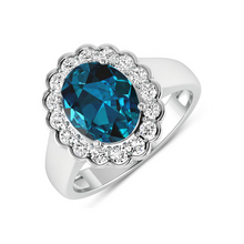 Load image into Gallery viewer, Genuine London Blue Topaz and White Diamond Halo Ring