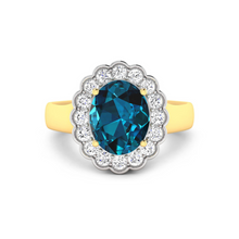 Load image into Gallery viewer, Genuine London Blue Topaz and White Diamond Halo Ring