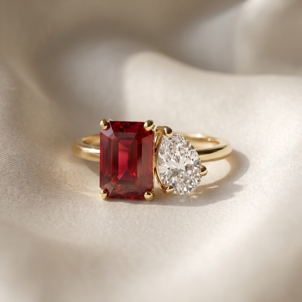 2.60 Cttw Octagon Emerald, Ruby, Sapphire and Lab Diamond 14K Yellow Gold Toi et Moi Ring