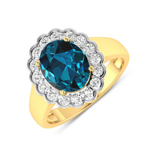 Load image into Gallery viewer, Genuine London Blue Topaz and White Diamond Halo Ring