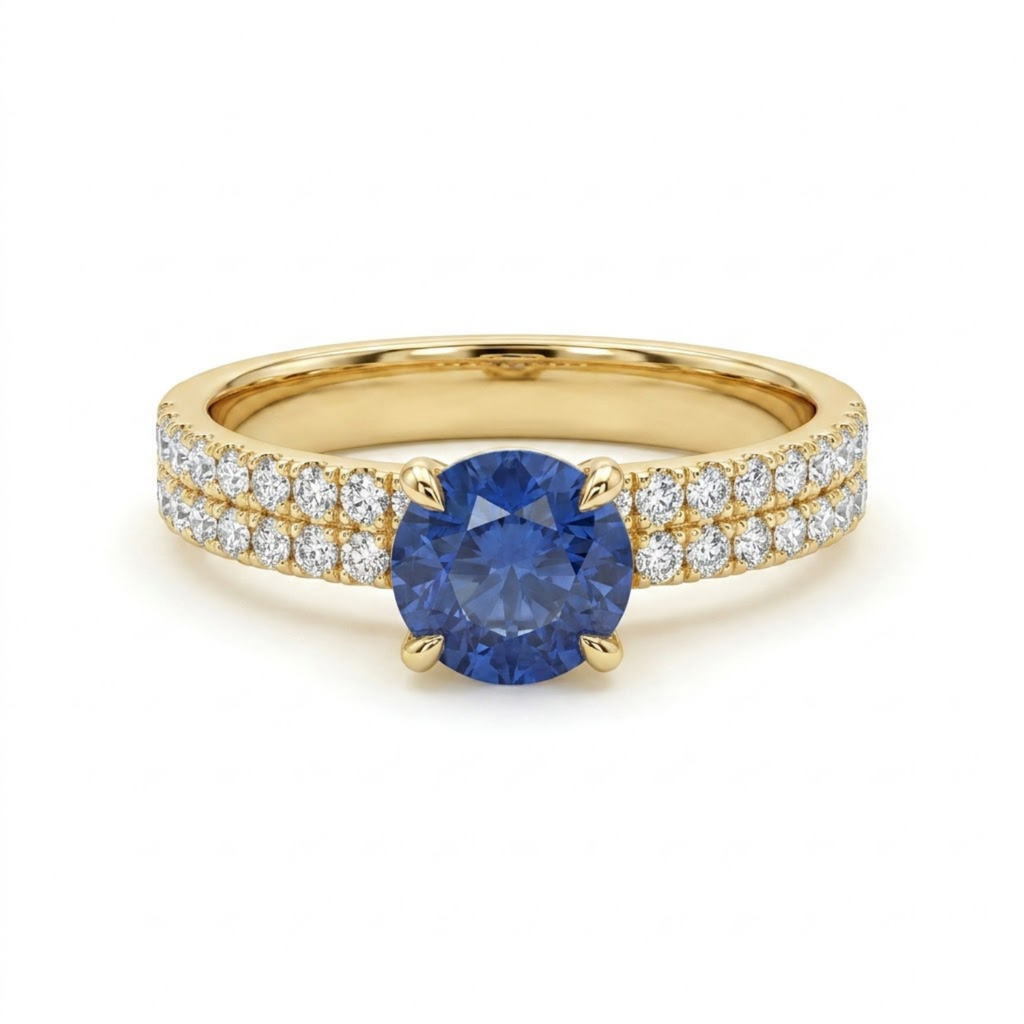 1.36 Cttw Round Gemstone Pave Diamond Double Row Band 14k Yellow Gold Engagement Ring