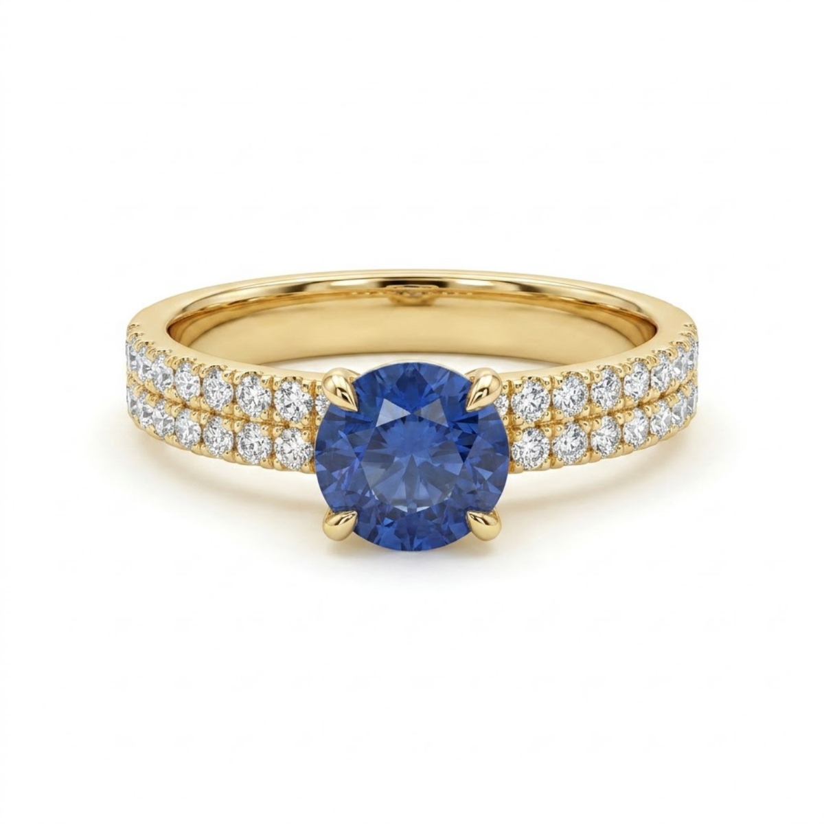 1.36 Cttw Round Gemstone Pave Diamond Double Row Band 14k Yellow Gold Engagement Ring