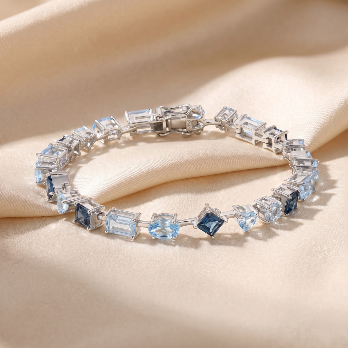 9.53 Ct Multi-Shape Blue Topaz Rhodium-Plated Silver Multi-Stone Bracelet