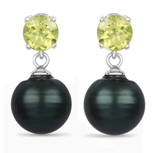 Load image into Gallery viewer, Peridot and Black Tahitian Pearl Dangle Earrings