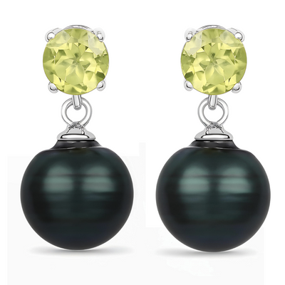 Peridot and Black Tahitian Pearl Dangle Earrings