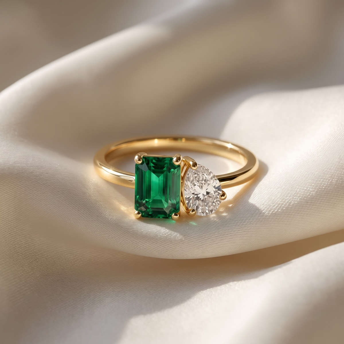 2.60 Cttw Octagon Emerald, Ruby, Sapphire and Lab Diamond 14K Yellow Gold Toi et Moi Ring