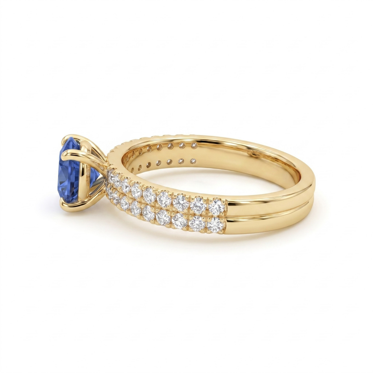 1.36 Cttw Round Gemstone Pave Diamond Double Row Band 14k Yellow Gold Engagement Ring