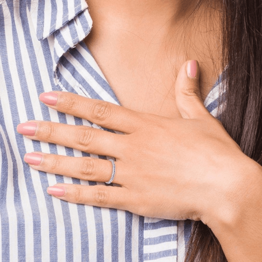 eternity band on model, model wearing lab created diamond jewelry