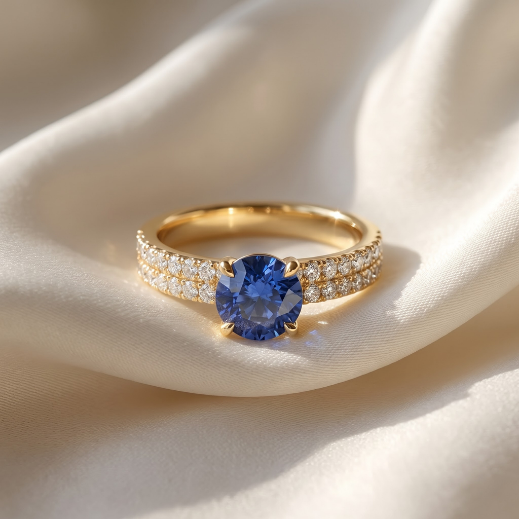 1.36 Cttw Round Gemstone Pave Diamond Double Row Band 14k Yellow Gold Engagement Ring