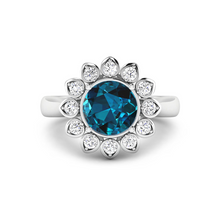Load image into Gallery viewer, Genuine London Blue Topaz and Diamond Halo Ring