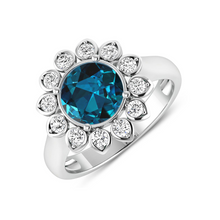 Load image into Gallery viewer, Genuine London Blue Topaz and Diamond Halo Ring