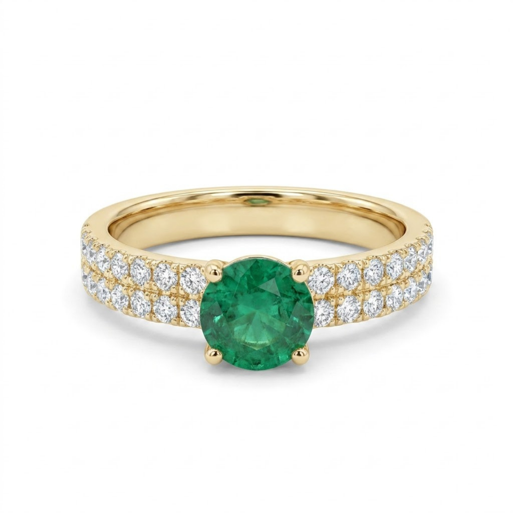 1.36 Cttw Round Gemstone Pave Diamond Double Row Band 14k Yellow Gold Engagement Ring