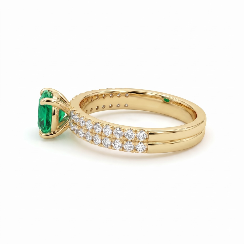 1.36 Cttw Round Gemstone Pave Diamond Double Row Band 14k Yellow Gold Engagement Ring