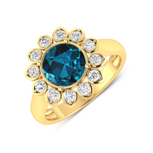 Load image into Gallery viewer, Genuine London Blue Topaz and Diamond Halo Ring