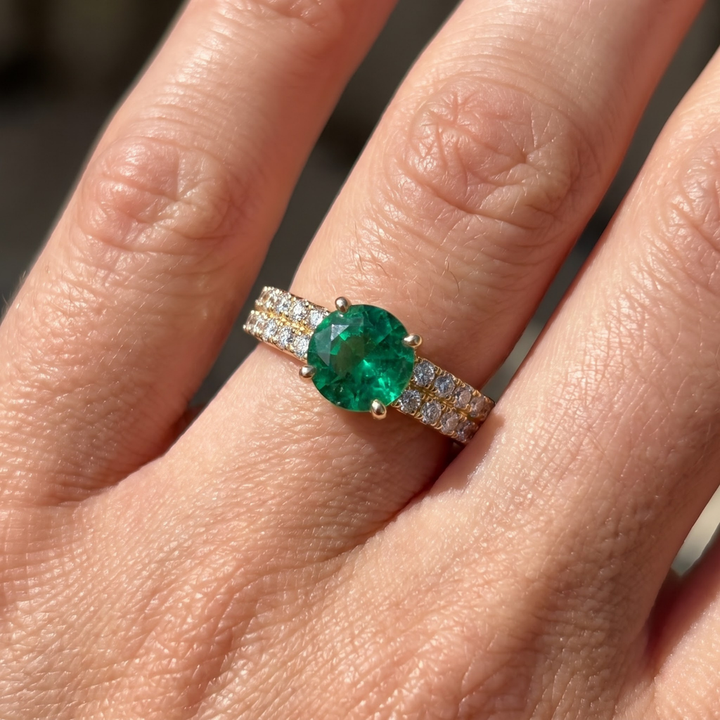 1.36 Cttw Round Gemstone Pave Diamond Double Row Band 14k Yellow Gold Engagement Ring