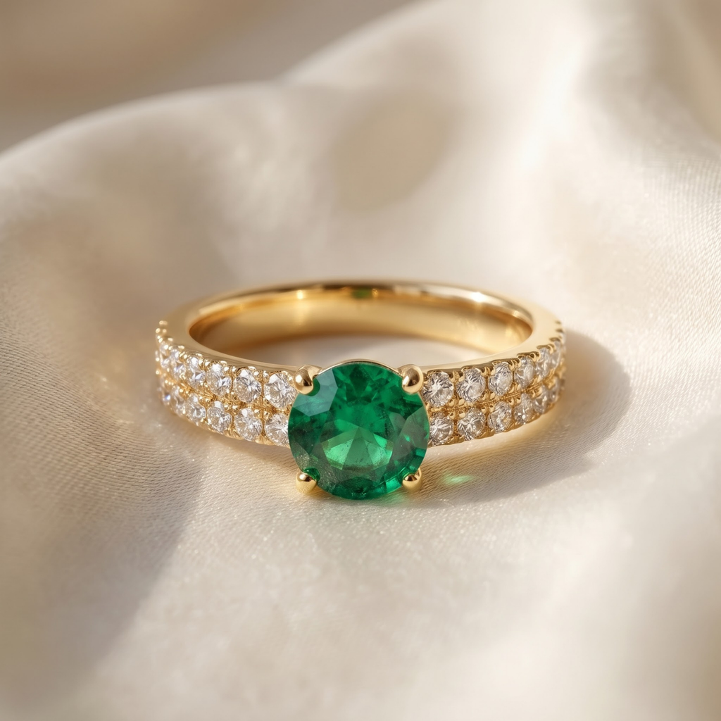 1.36 Cttw Round Gemstone Pave Diamond Double Row Band 14k Yellow Gold Engagement Ring