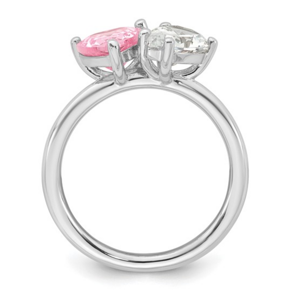Pink Heart and Pear-shaped White CZ Dual-Stone Ring