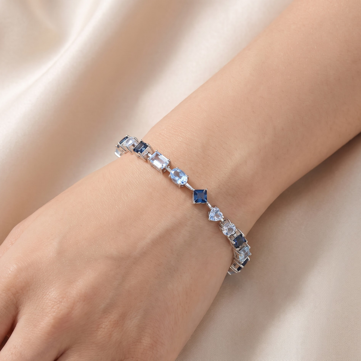 9.53 Ct Multi-Shape Blue Topaz Rhodium-Plated Silver Multi-Stone Bracelet