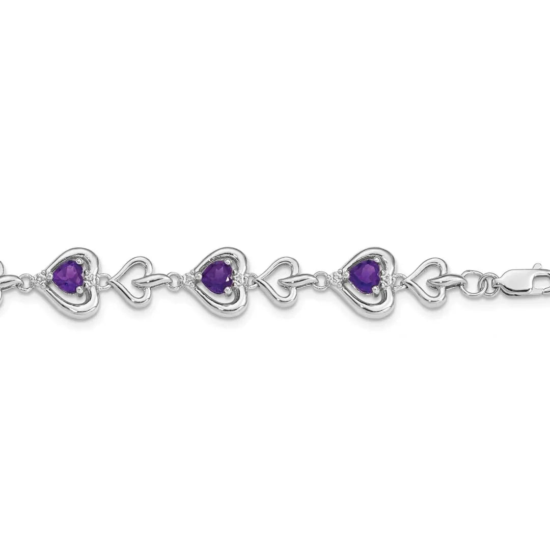 Genuine Amethyst and Diamond Heart Bracelets Sterling Silver Fine Color Jewels Anniversary bracelet for her,Birthstone bracelet for grandma,Birthstone bracelet for her,birthstone bracelet for mom,bracelet for girlfriend,bracelet for her,bracelet for mom,bracelet for wife,bracelet for women,Gemstone Bracelet,QG