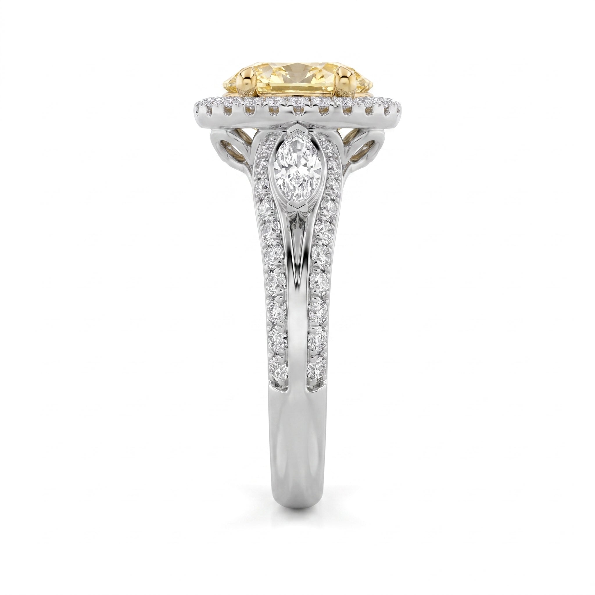 3Cttw Oval Shaped Yellow Lab Grown Diamond (F/VS) Three Stone Halo Engagement Ring in 14K Gold