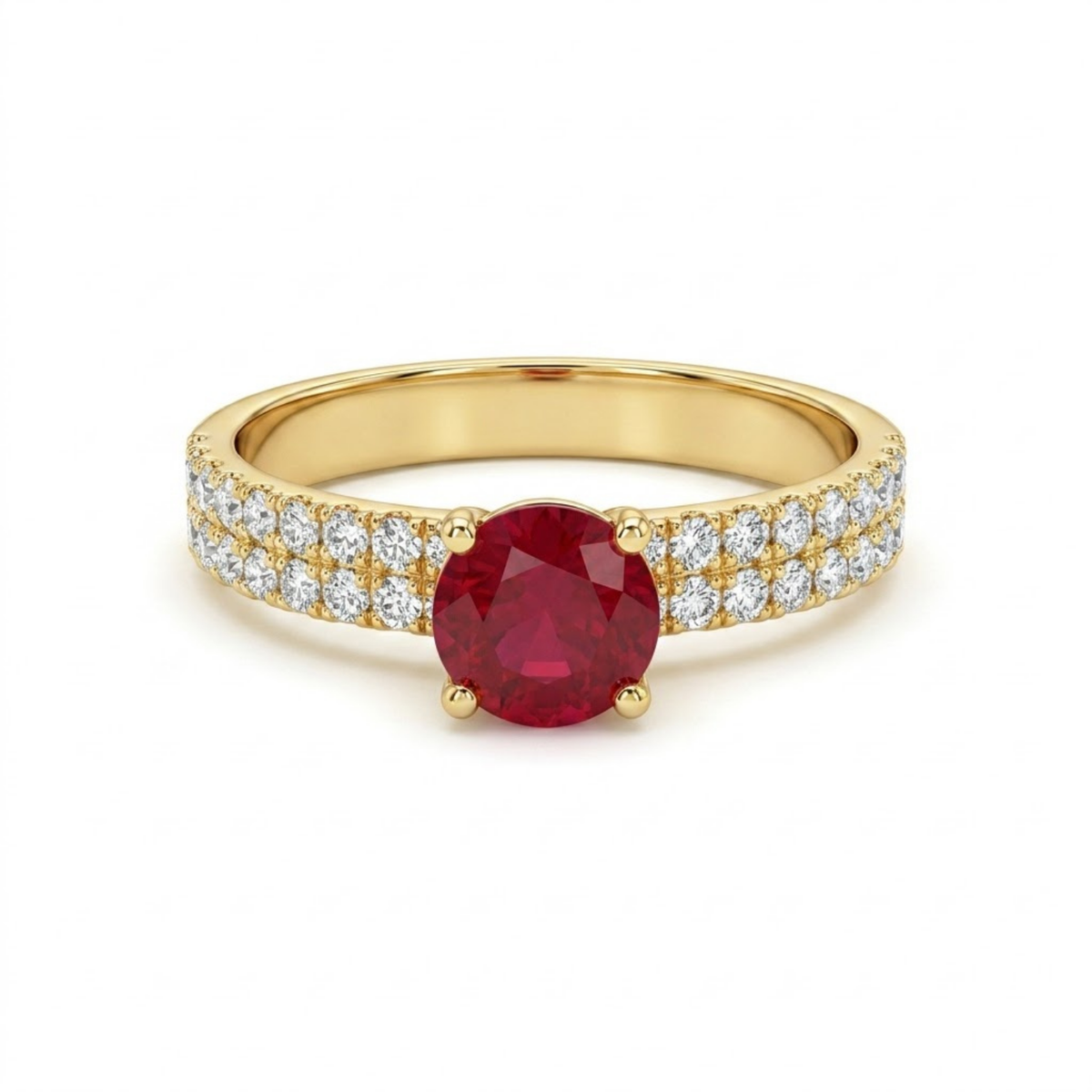 1.36 Cttw Round Gemstone Pave Diamond Double Row Band 14k Yellow Gold Engagement Ring
