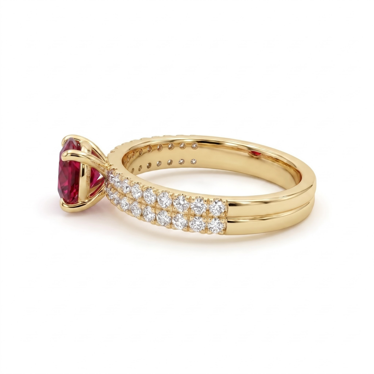 1.36 Cttw Round Gemstone Pave Diamond Double Row Band 14k Yellow Gold Engagement Ring