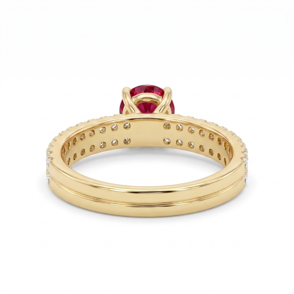 1.36 Cttw Round Gemstone Pave Diamond Double Row Band 14k Yellow Gold Engagement Ring