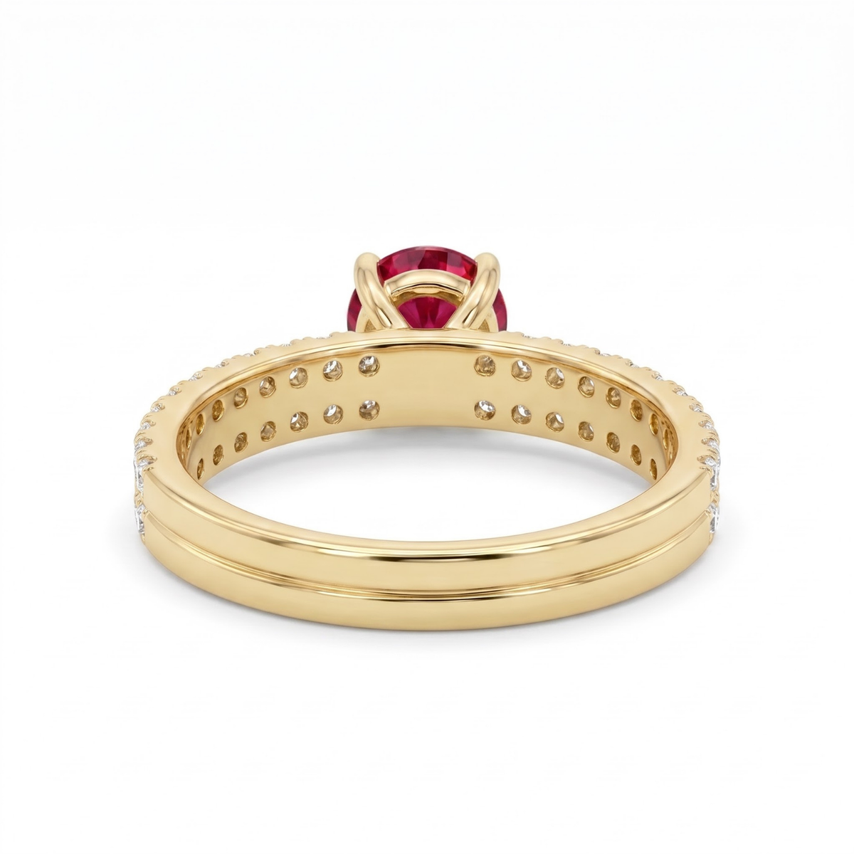 1.36 Cttw Round Gemstone Pave Diamond Double Row Band 14k Yellow Gold Engagement Ring
