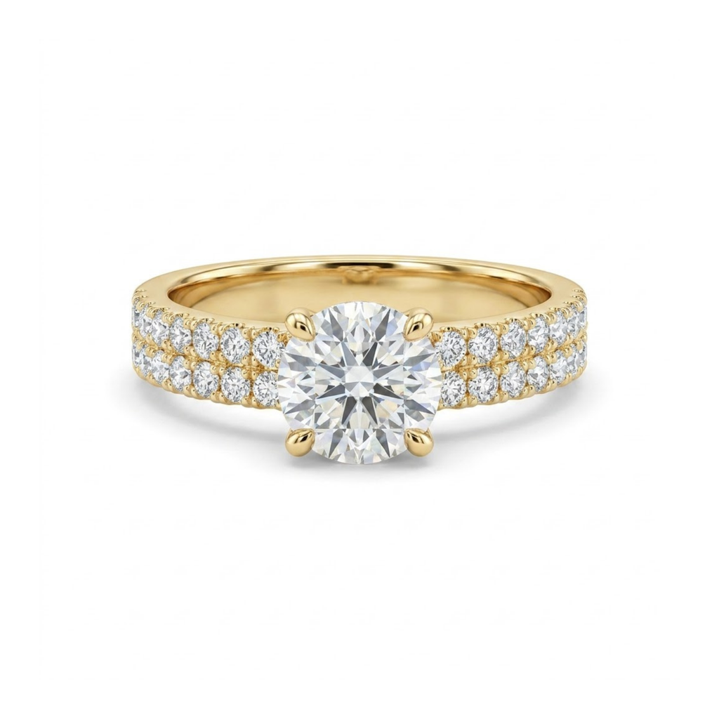 1.36 Cttw Round Gemstone Pave Diamond Double Row Band 14k Yellow Gold Engagement Ring