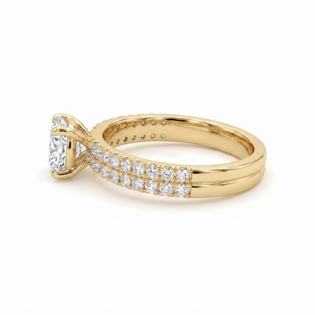 1.36 Cttw Round Gemstone Pave Diamond Double Row Band 14k Yellow Gold Engagement Ring