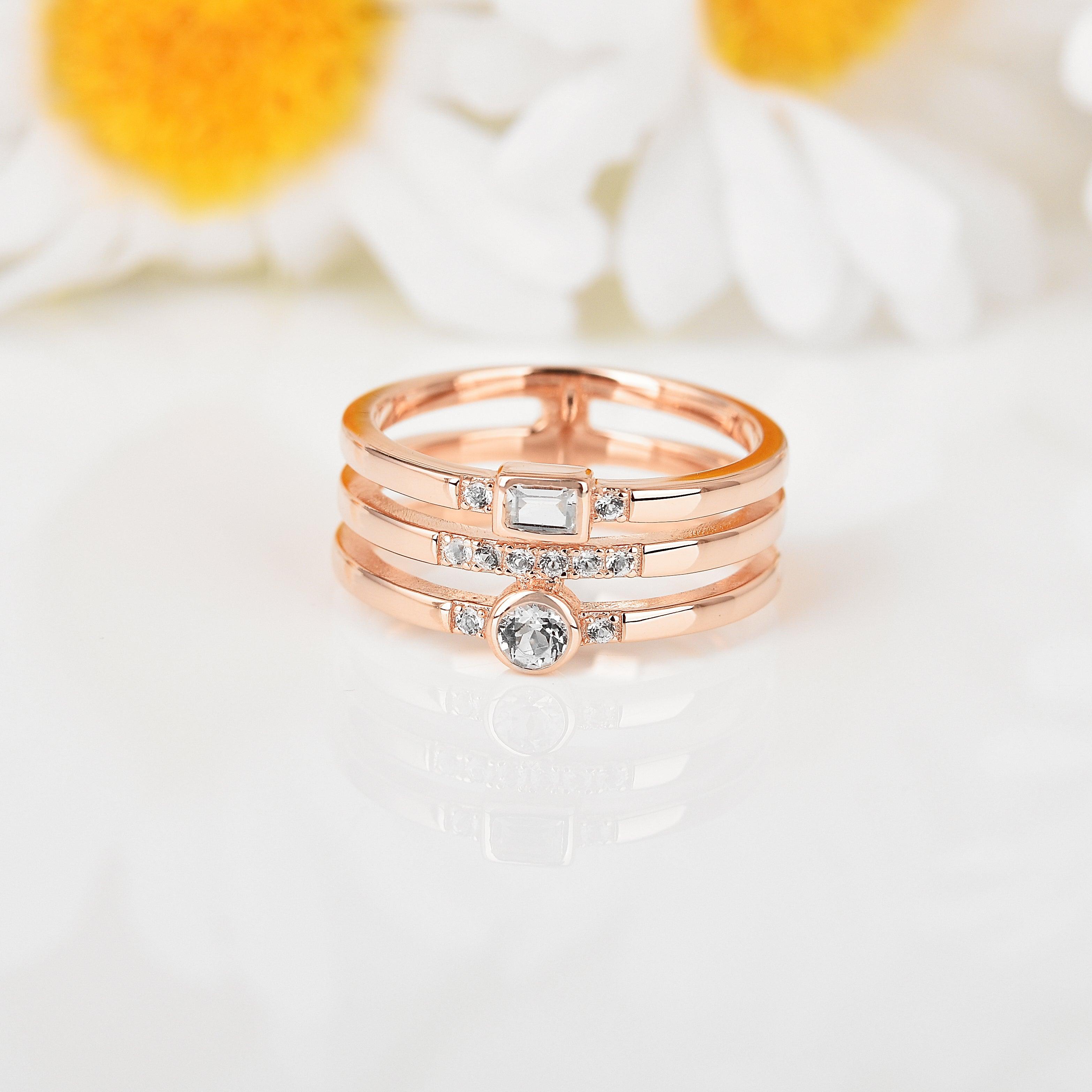 Three band ring design, sapphire rose gold ring, white gemstone ring design
