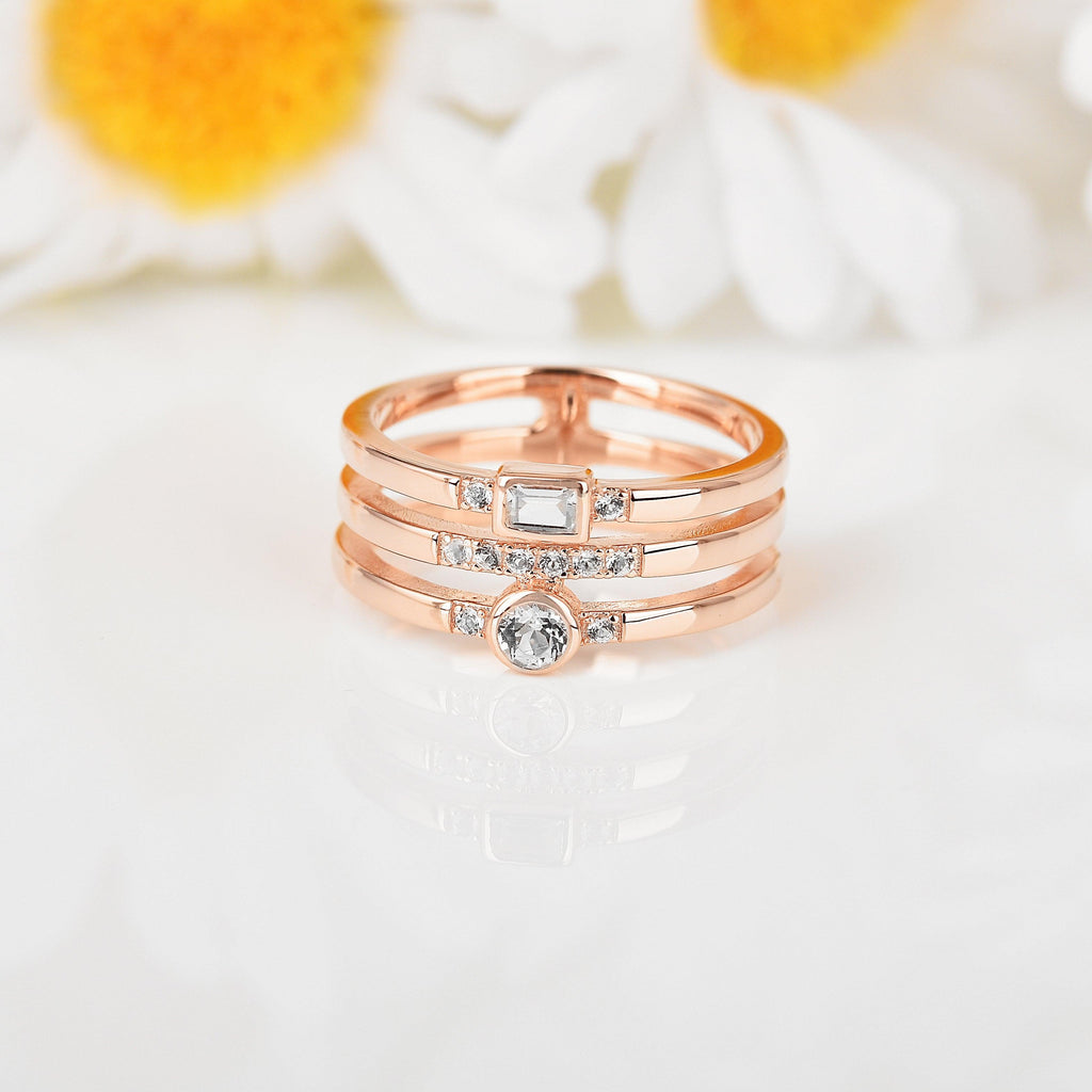 Three band ring design, sapphire rose gold ring, white gemstone ring design
