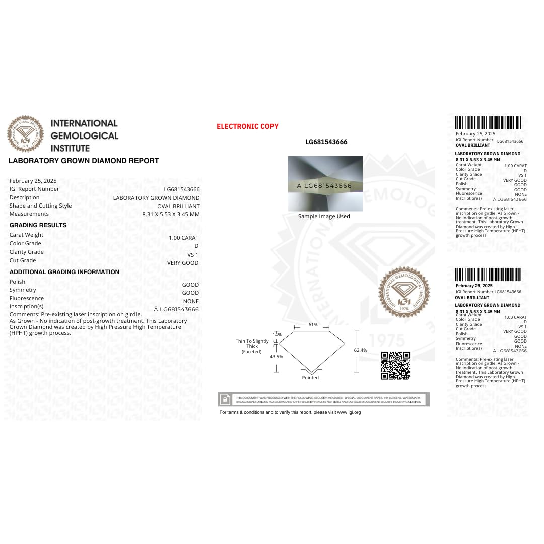 Oval Loose Lab Grown Diamond Stone SI1 IGI Certified