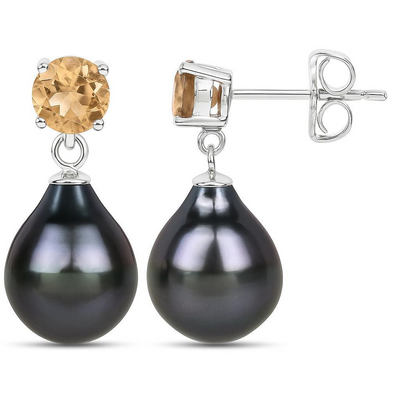 Citrine Tahitian Black Pearl Earrings