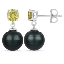 Load image into Gallery viewer, Peridot and Black Tahitian Pearl Dangle Earrings