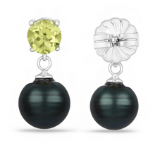 Load image into Gallery viewer, Peridot and Black Tahitian Pearl Dangle Earrings